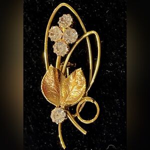 Vintage Gold Tone Leaf and Rhinestone Floral Brooch